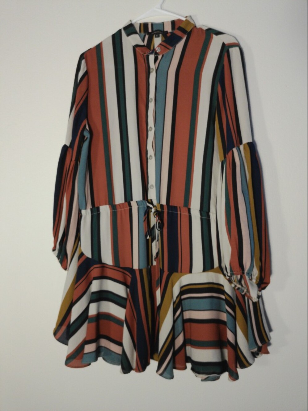 Olivaceous Multicolor Vertical-Strip Midi Skirt Dress with Waist Tie